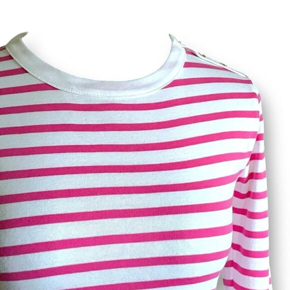 J Crew Womens Striped Button Shoulder Tee XS Pink White Stripe Preppy Shirt Top - Picture 6 of 9